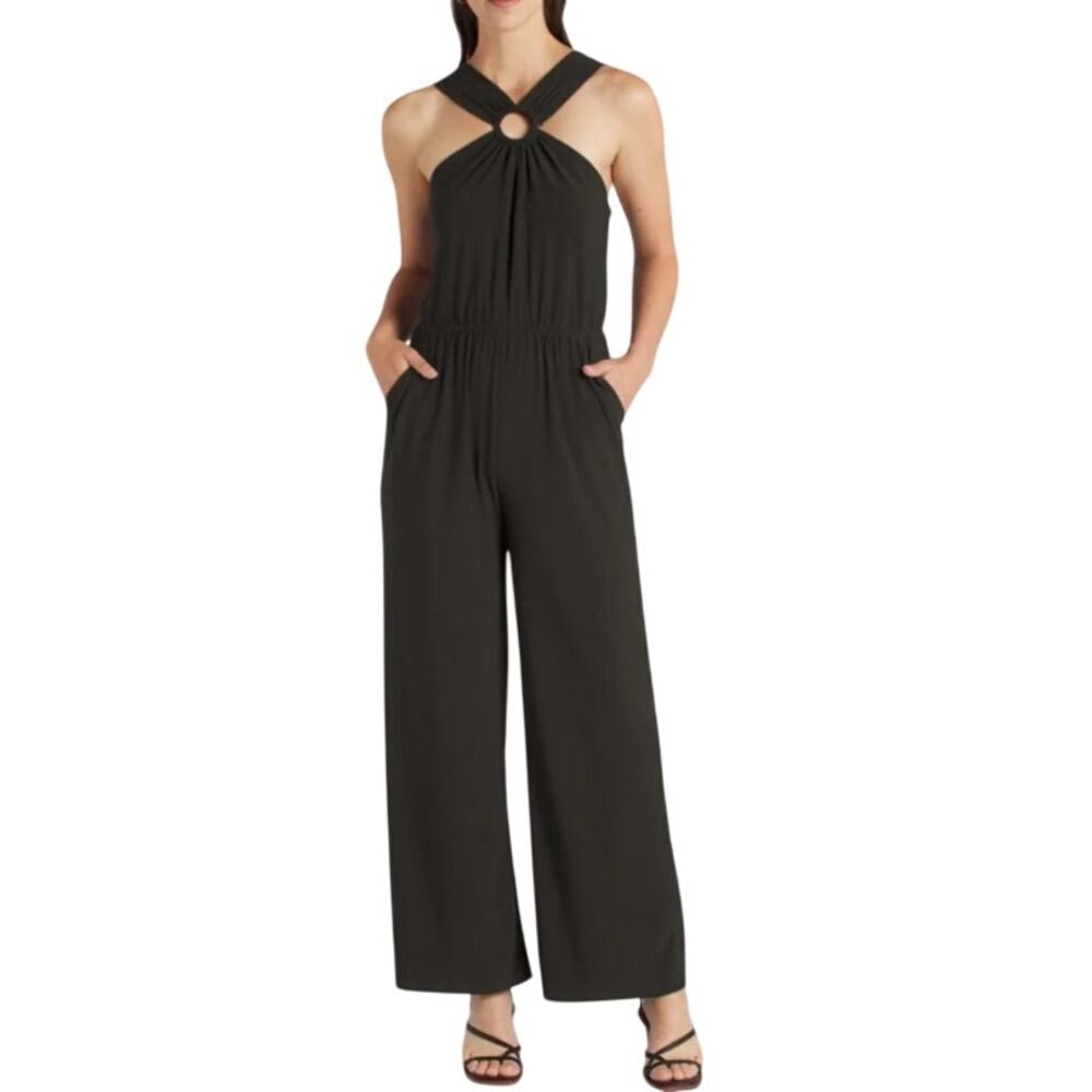Kaileigh Black Halter Wide Leg Jumpsuit XL Stretch Pocket Minimalist Chic